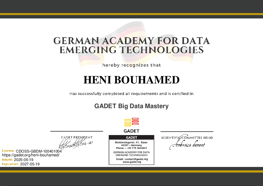 Certificate for Heni Bouhamed